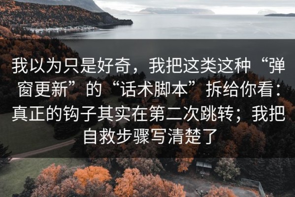 我以为只是好奇，我把这类这种“弹窗更新”的“话术脚本”拆给你看：真正的钩子其实在第二次跳转；我把自救步骤写清楚了