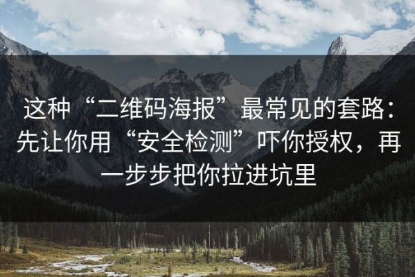 这种“二维码海报”最常见的套路：先让你用“安全检测”吓你授权，再一步步把你拉进坑里